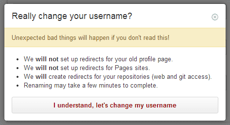 GitHub change username
dialog
